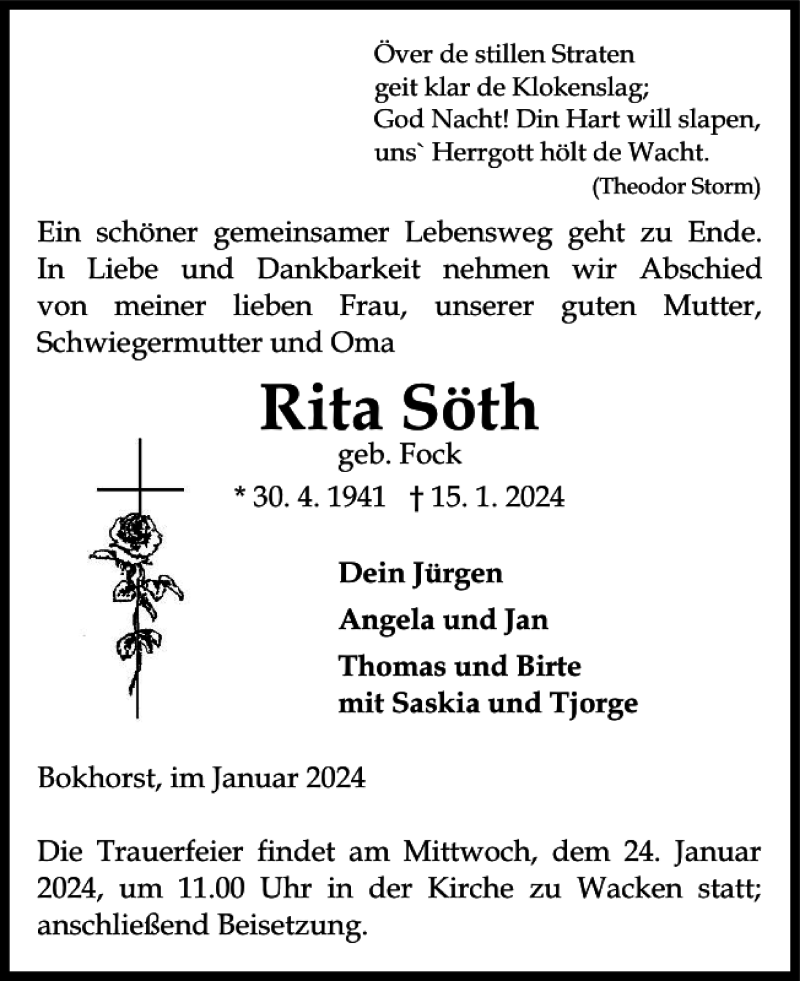  Traueranzeige für Rita Söth vom 20.01.2024 aus Norddeutsche Rundschau