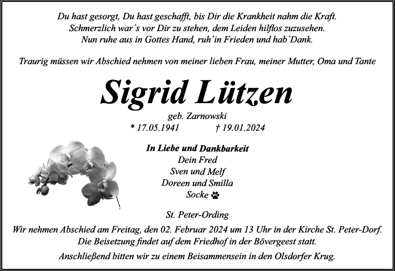  Traueranzeige für Sigrid Lützen vom 27.01.2024 aus Husumer Nachrichten