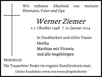 Traueranzeige von Werner Ziemer von Flensburger Tageblatt