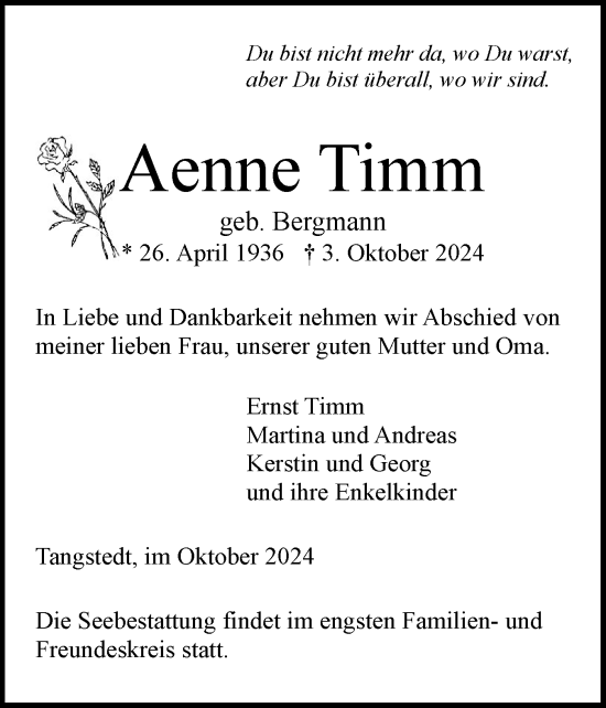 Traueranzeige von Aenne Timm von Region Pinneberg und tip Pinneberg