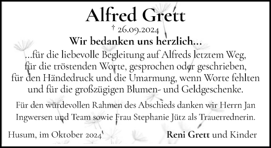 Traueranzeige von Alfred Grett von Husumer Nachrichten, Nordfriesland Tageblatt