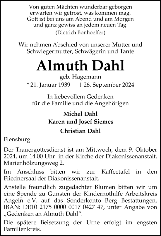 Traueranzeige von Almuth Dahl von Flensburger Tageblatt