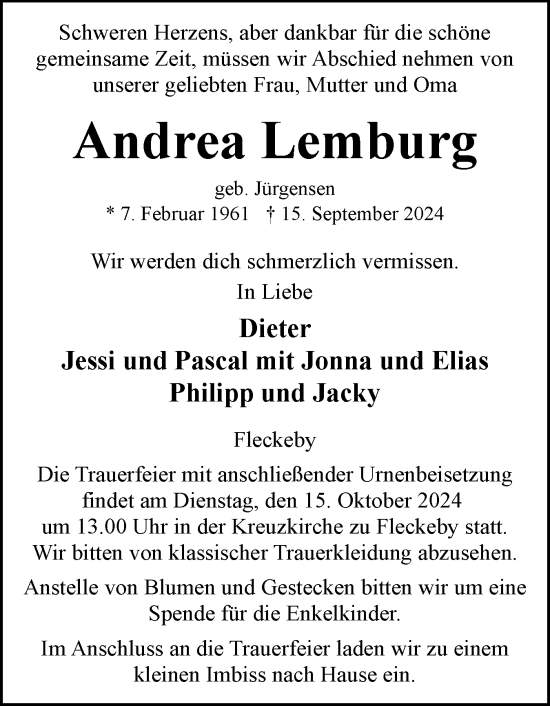 Traueranzeige von Andrea Lemburg von Eckernförder Zeitung, Hallo Eckernförde