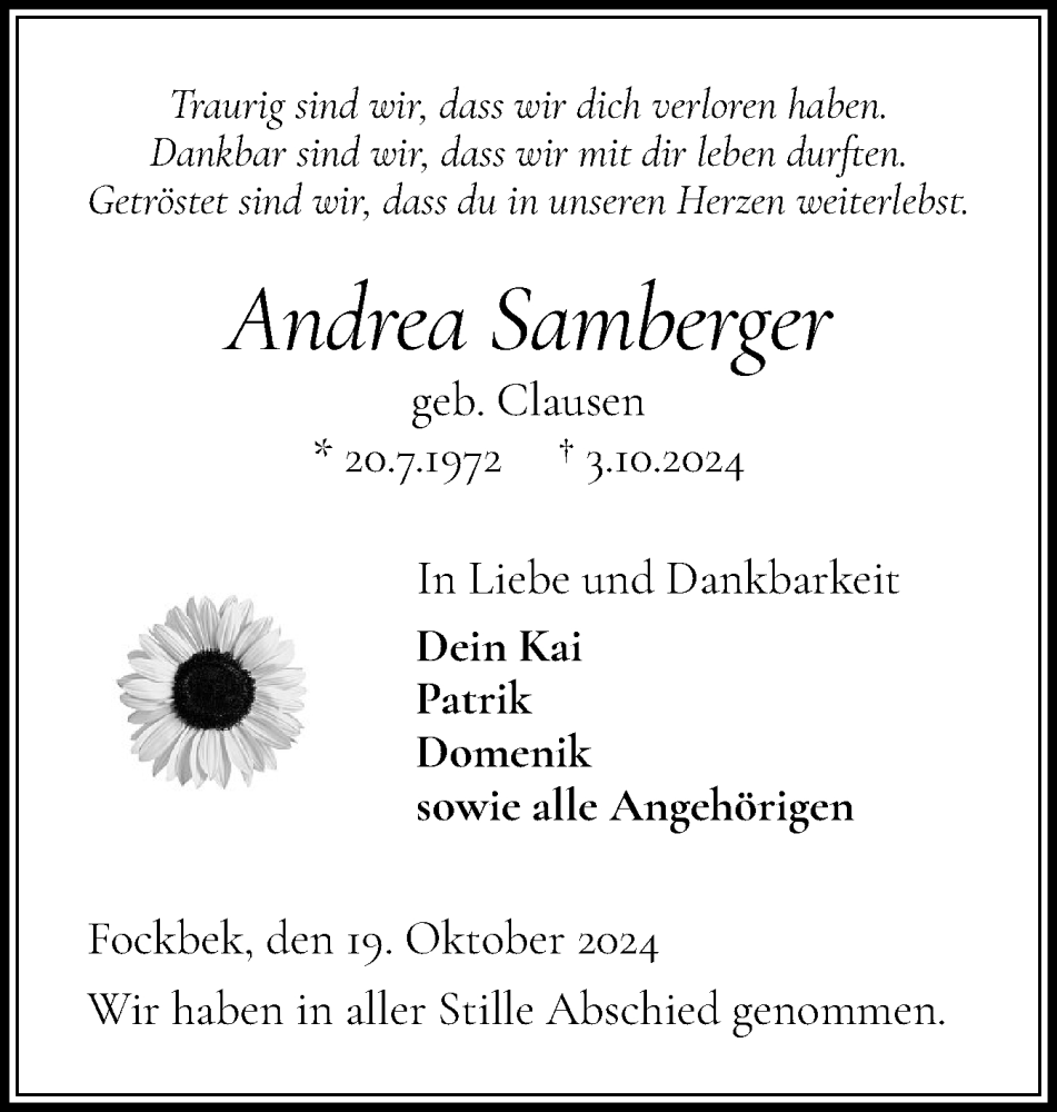  Traueranzeige für Andrea Samberger vom 19.10.2024 aus Schleswig-Holsteinische Landeszeitung