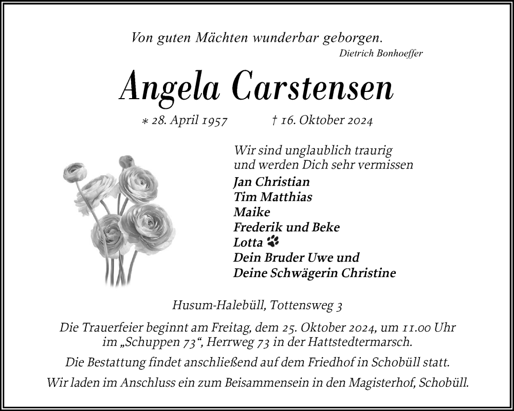  Traueranzeige für Angela Carstensen vom 22.10.2024 aus Husumer Nachrichten, Nordfriesland Tageblatt