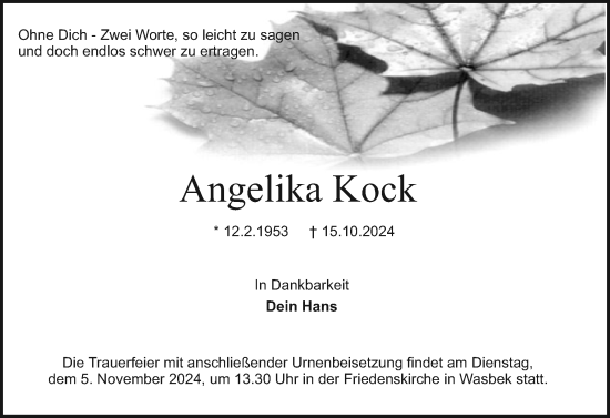 Traueranzeige von Angelika Kock von Holsteinischer Courier