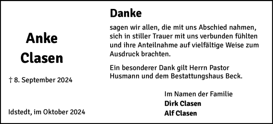 Traueranzeige von Anke Clasen von Schleswiger Nachrichten, Schlei-Bote