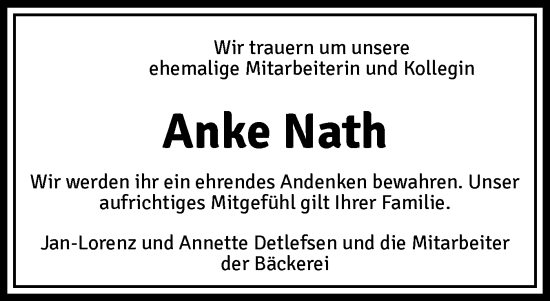 Traueranzeige von Anke Nath von Eckernförder Zeitung, Hallo Eckernförde