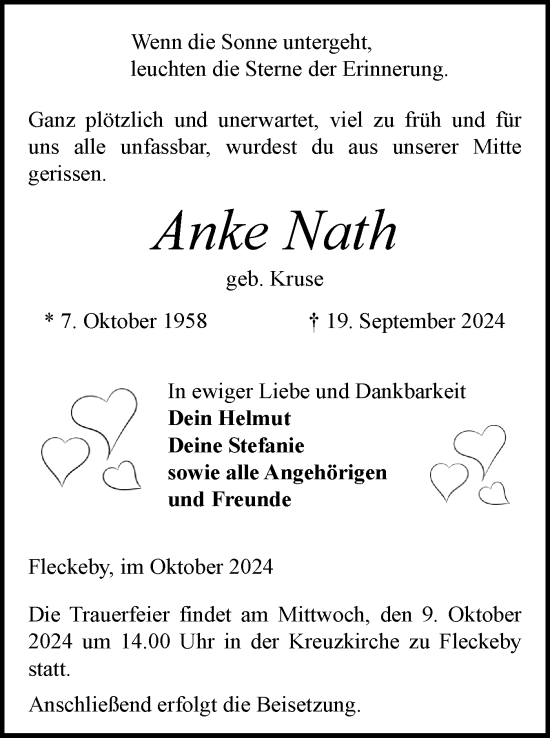 Traueranzeige von Anke Nath von Eckernförder Zeitung