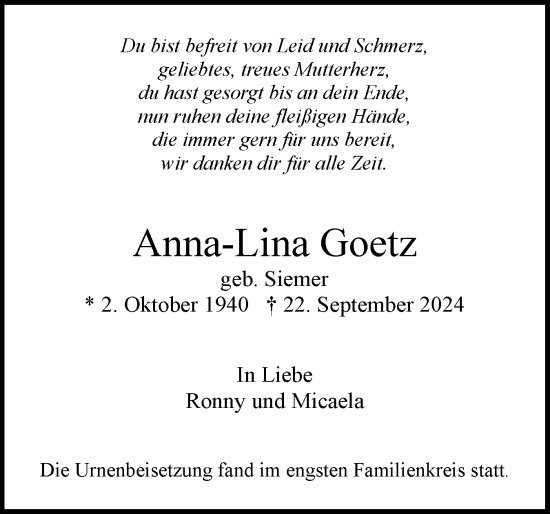 Traueranzeige von Anna-Lina Goetz von Region Pinneberg und tip Pinneberg