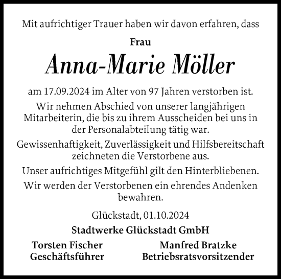 Traueranzeige von Anna-Marie Möller von Norddeutsche Rundschau, Wilstersche Zeitung, Glückstädter Fortuna