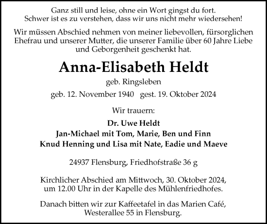 Traueranzeige von Anna Elisabeth Heldt von Flensburger Tageblatt