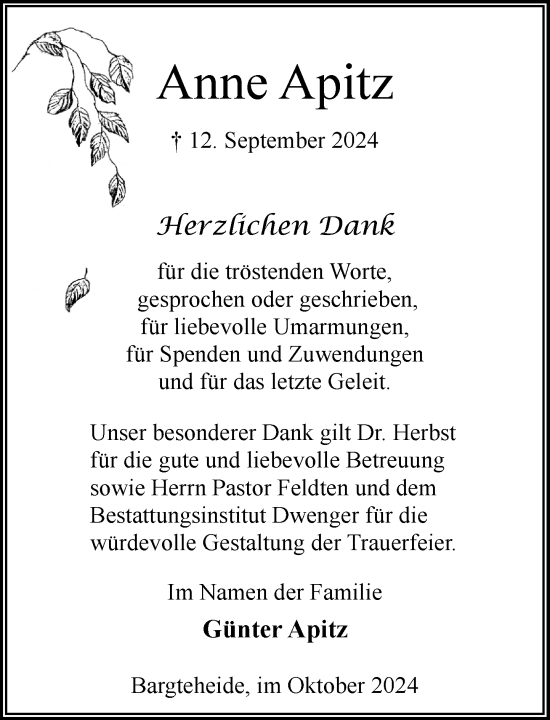 Traueranzeige von Anne Apitz von Stormaner Tageblatt