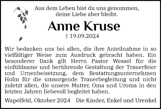 Traueranzeige von Anne Kruse von Schleswig-Holsteinische Landeszeitung