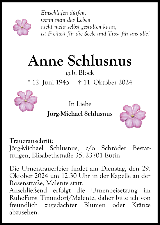 Traueranzeige von Anne Schlusnus von Ostholsteiner Anzeiger