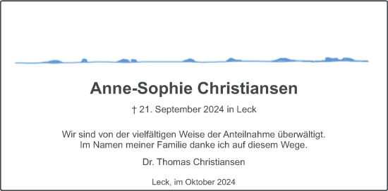 Traueranzeige von Anne-Sophie Christiansen von Husumer Nachrichten, Nordfriesland Tageblatt