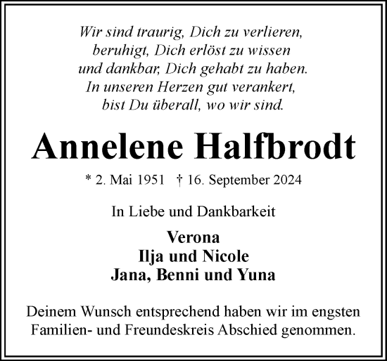 Traueranzeige von Annelene Halfbrodt von Eckernförder Zeitung, Hallo Eckernförde