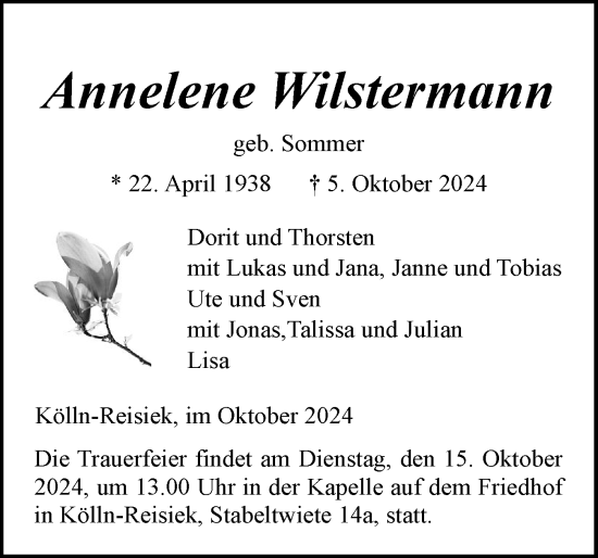 Traueranzeige von Annelene Wilstermann von Elmshorner Nachrichten, Barmstedter Zeitung