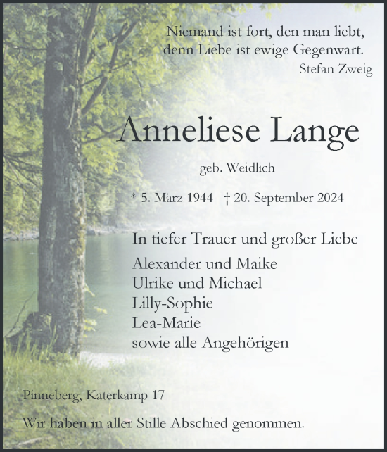 Traueranzeige von Anneliese Lange von Region Pinneberg und tip Pinneberg