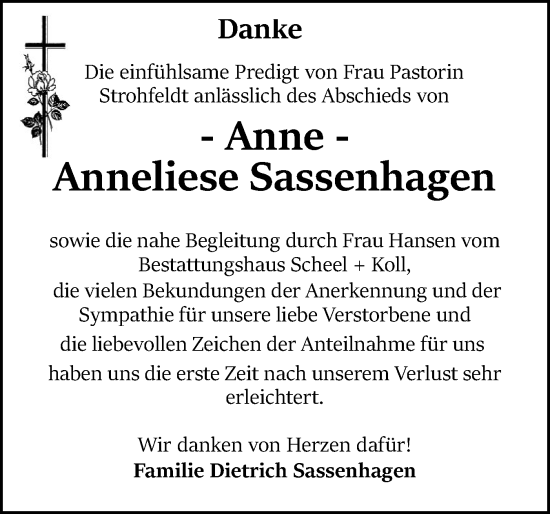 Traueranzeige von Anneliese Sassenhagen von Eckernförder Zeitung, Hallo Eckernförde