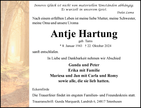 Traueranzeige von Antje Hartung von Eckernförder Zeitung, Hallo Eckernförde