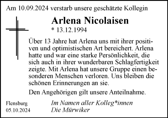 Traueranzeige von Arlena Nicolaisen von Flensburger Tageblatt