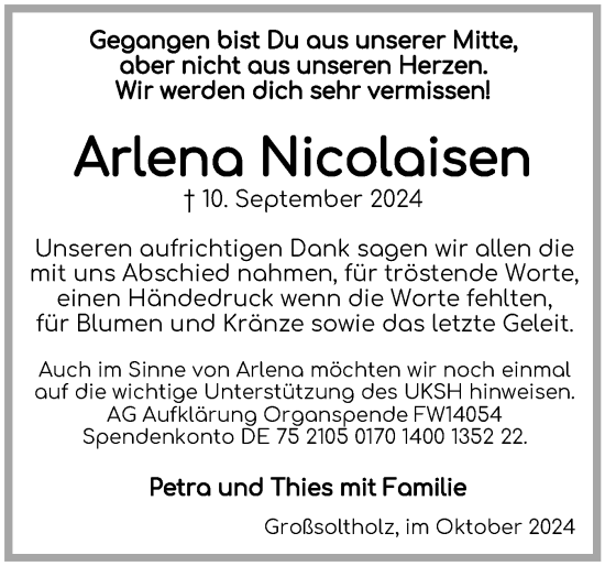 Traueranzeige von Arlena Nicolaisen von Flensburger Tageblatt