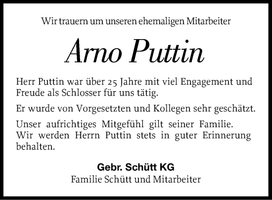 Traueranzeige von Arno Puttin von Norddeutsche Rundschau, Wilstersche Zeitung, Glückstädter Fortuna