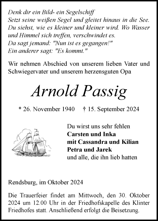 Traueranzeige von Arnold Passig von Schleswig-Holsteinische Landeszeitung