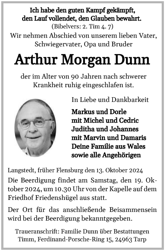 Traueranzeige von Arthur Morgan Dunn von Flensburger Tageblatt