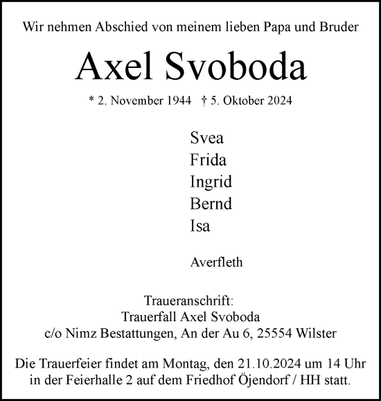 Traueranzeige von Axel Svoboda von Norddeutsche Rundschau, Wilstersche Zeitung, Glückstädter Fortuna