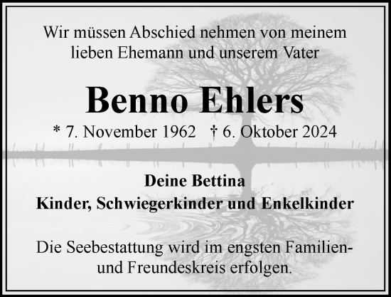 Traueranzeige von Benno Ehlers von Flensburger Tageblatt