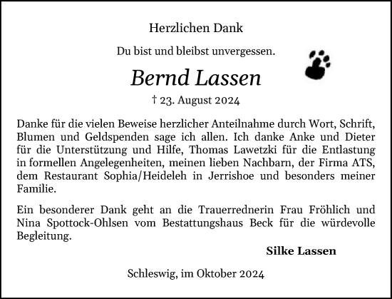 Traueranzeige von Bernd Lassen von Schleswiger Nachrichten, Schlei-Bote