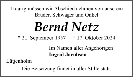 Traueranzeige von Bernd Netz von Husumer Nachrichten, Nordfriesland Tageblatt