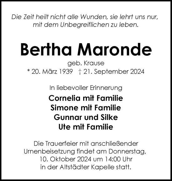 Traueranzeige von Bertha Maronde von Schleswig-Holsteinische Landeszeitung