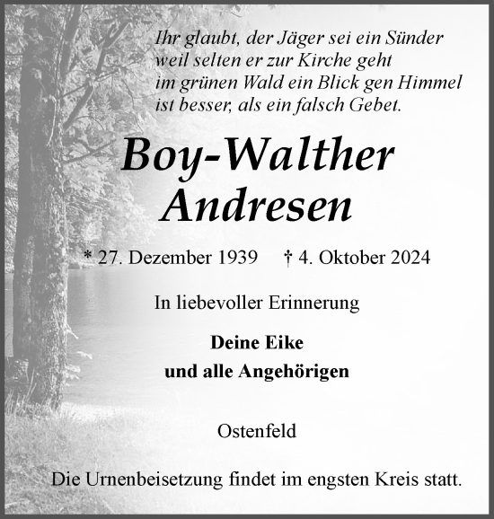 Traueranzeige von Boy-Walther Andresen von Husumer Nachrichten, Nordfriesland Tageblatt