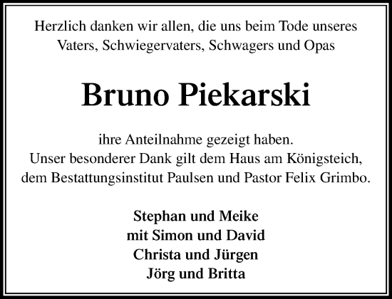 Traueranzeige von Bruno Piekarski von Stormaner Tageblatt