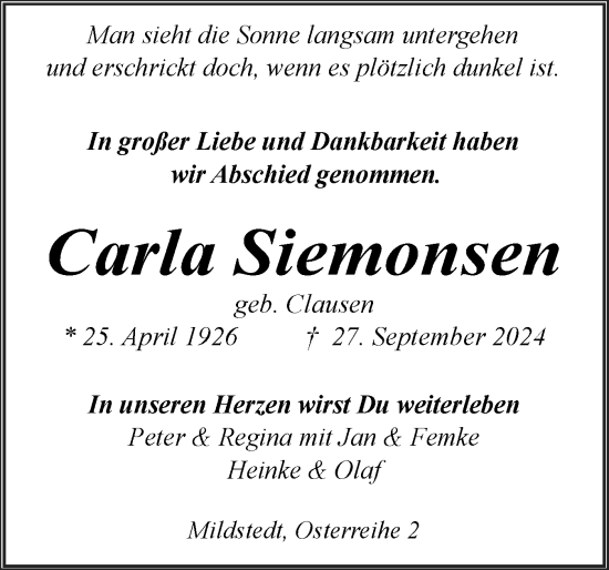 Traueranzeige von Carla Siemonsen von Husumer Nachrichten, Nordfriesland Tageblatt