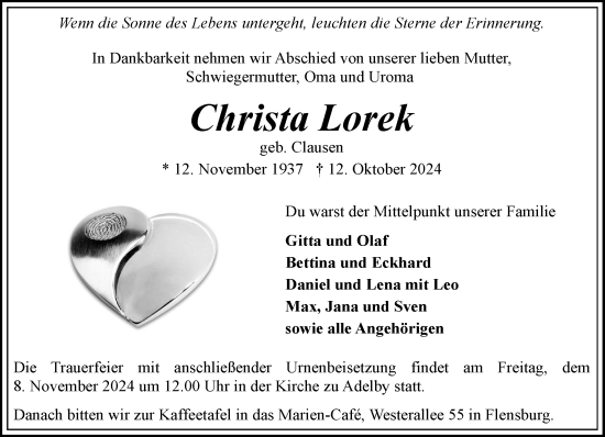 Traueranzeige von Christa Lorek von Flensburger Tageblatt