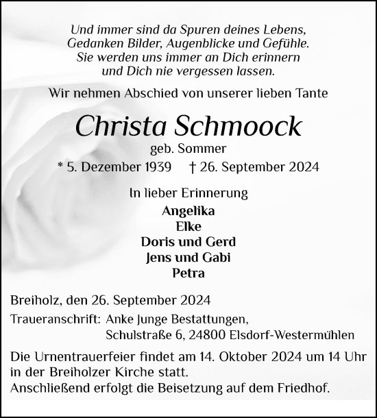 Traueranzeige von Christa Schmoock von Schleswig-Holsteinische Landeszeitung