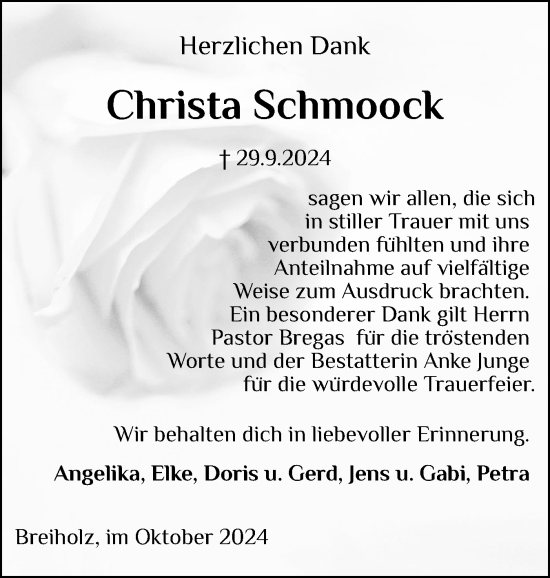 Traueranzeige von Christa Schmoock von Schleswig-Holsteinische Landeszeitung