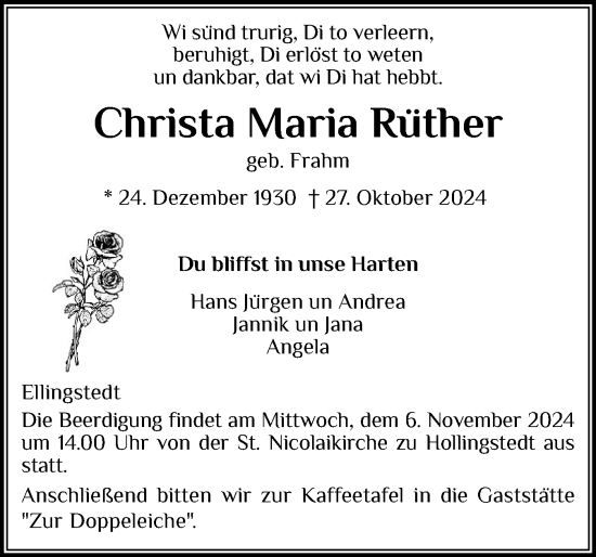 Traueranzeige von Christa Maria Rüther von Schleswiger Nachrichten, Schlei-Bote