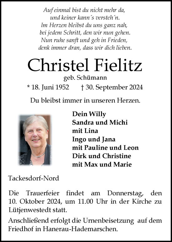 Traueranzeige von Christel Fielitz von Schleswig-Holsteinische Landeszeitung