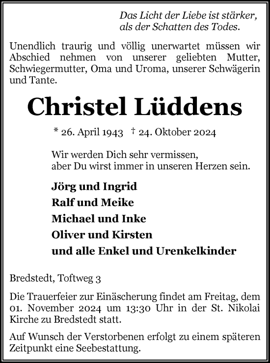 Traueranzeige von Christel Lüddens von Husumer Nachrichten, Nordfriesland Tageblatt