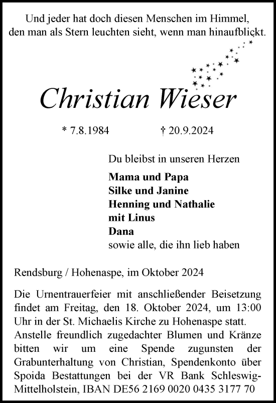 Traueranzeige von Christian Wieser von Norddeutsche Rundschau, Wilstersche Zeitung, Glückstädter Fortuna