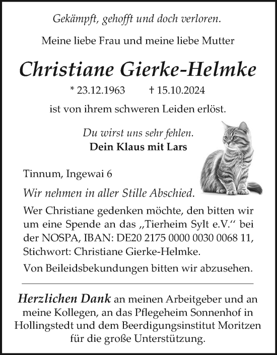 Traueranzeige von Christiane Gierke-Helmke von Sylter Rundschau