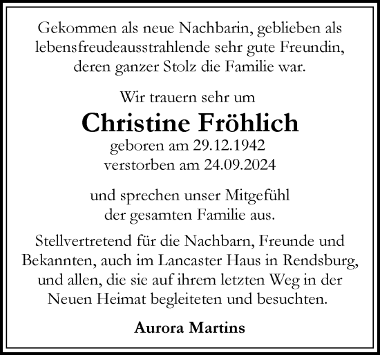 Traueranzeige von Christine Fröhlich von Schleswig-Holsteinische Landeszeitung