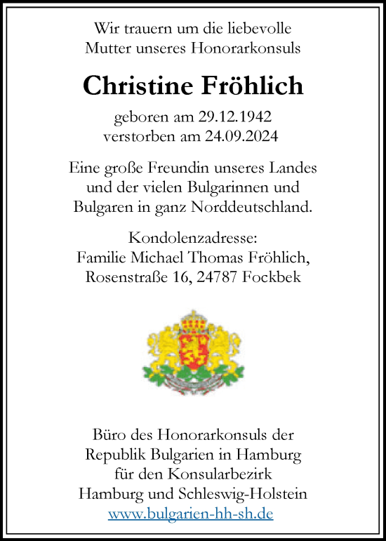 Traueranzeige von Christine Fröhlich von Schleswig-Holsteinische Landeszeitung