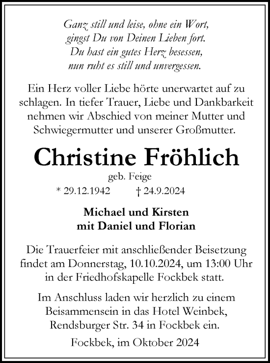 Traueranzeige von Christine Fröhlich von Schleswig-Holsteinische Landeszeitung