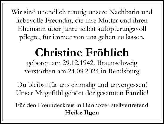 Traueranzeige von Christine Fröhlich von Schleswig-Holsteinische Landeszeitung